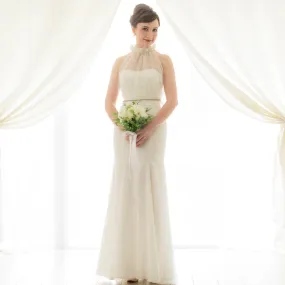 ---Cheap online lace wedding dresses with halter neckline and beaded and sequined belt--